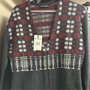 Woolrich Gray Zip-Up Cardigan with Red and White Fair Isle Pattern